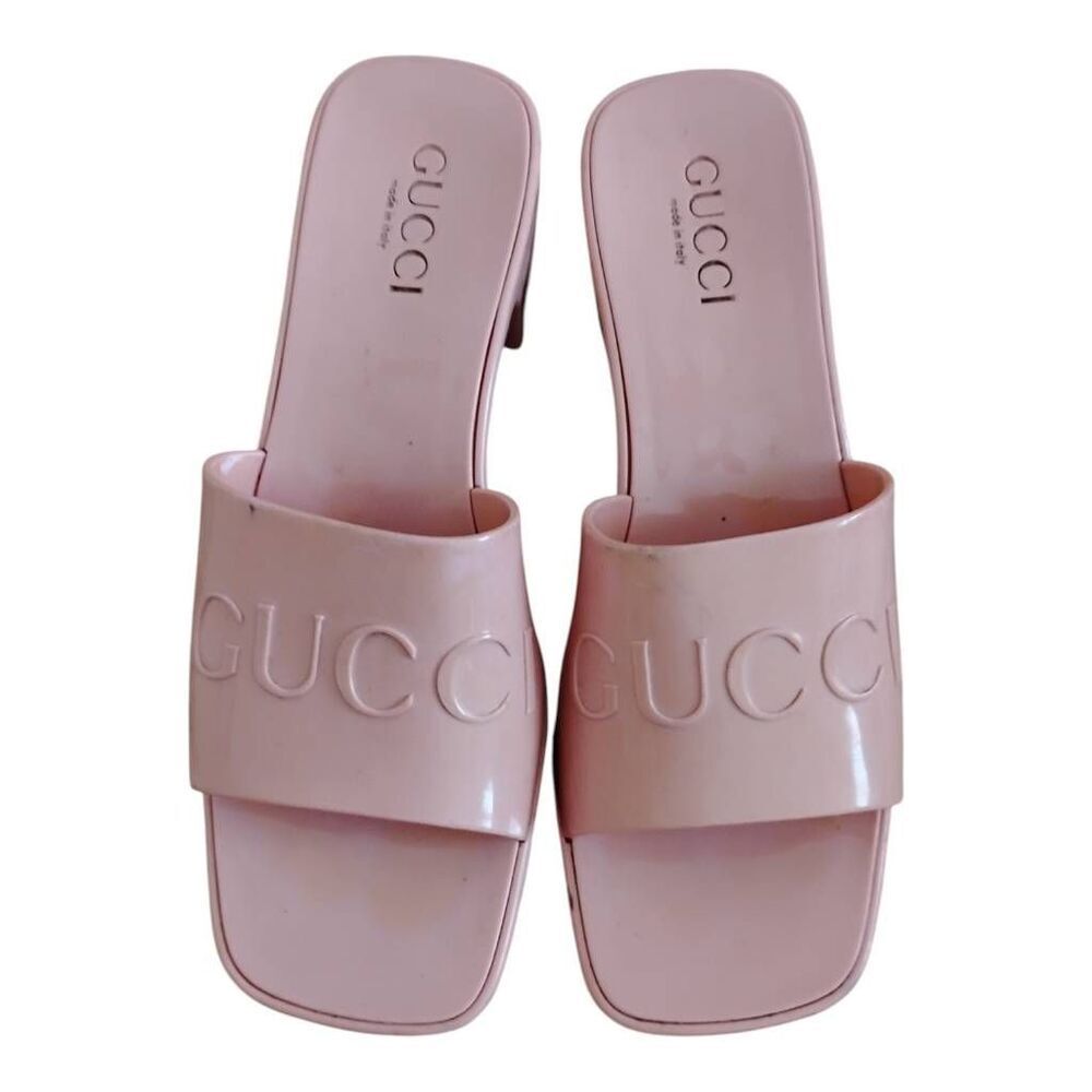 Gucci Pink Rubber Embossed Logo Chunky Heel Slides Size 38